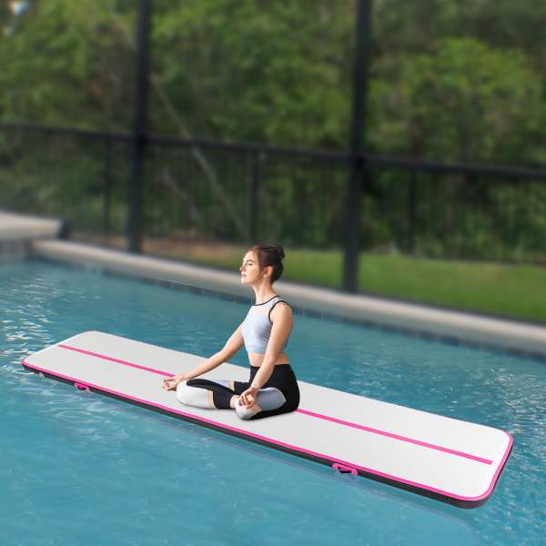 1 x 3M Tapis de gymnastique, gonflable, avec sac de transport et pompe à air électrique, tapis de yoga, tapis de sport, yoga, gym -  rose
