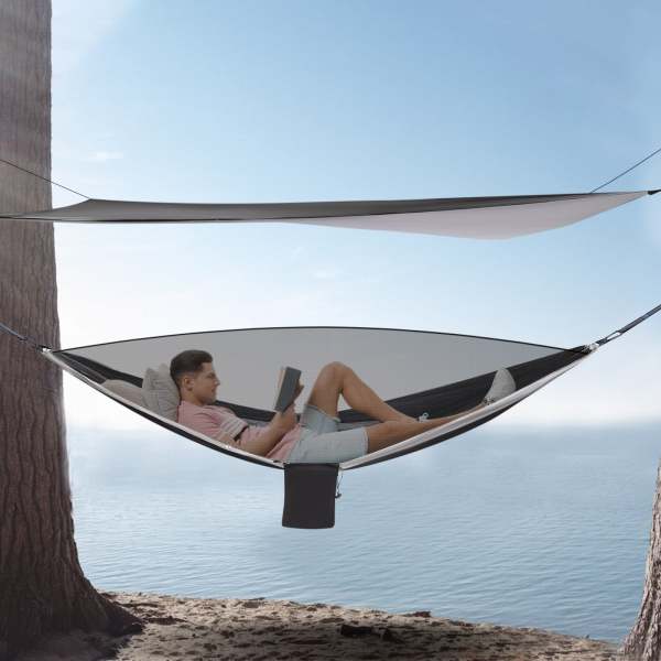 Hamac de camping, hamac avec moustiquaire, tente et bâche de pluie, balançoire suspendue pour sac à dos, 290cm*140cm (noir gris)