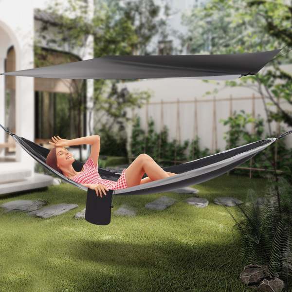 Hamac de camping, hamac avec moustiquaire, tente et bâche de pluie, balançoire suspendue pour sac à dos, 290cm*140cm (noir gris)