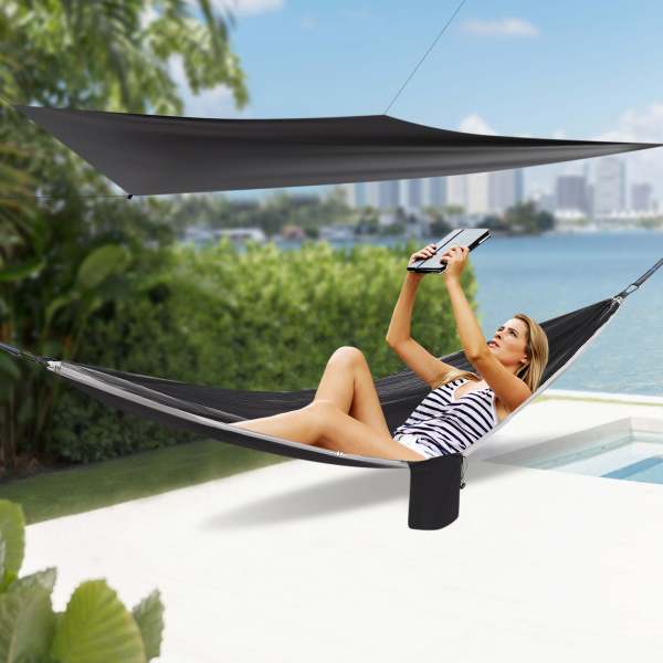 Hamac de camping, hamac avec moustiquaire, tente et bâche de pluie, balançoire suspendue pour sac à dos, 290cm*140cm (noir gris)