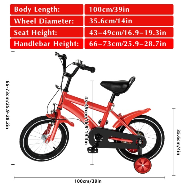 Vélo pour enfant 14 pouces garçon & fille - Stabilisateurs d'équilibre en acier antidérapant - Rouge
