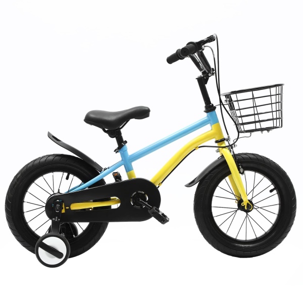 Vélo enfant 14 pouces avec stabilisateurs, frein à main, garde-boue et panier (jaune＆bleu)