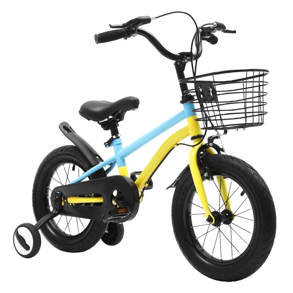 Vélo enfant 14 pouces avec stabilisateurs, frein à main, garde-boue et panier (jaune&bleu) Vélo enfant 14 pouces avec stabilisateurs, frein à main, garde-boue et panier (jaune&bleu)