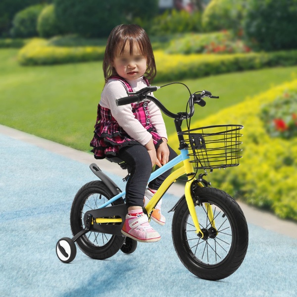 Vélo enfant 14 pouces avec stabilisateurs, frein à main, garde-boue et panier (jaune&bleu) Vélo enfant 14 pouces avec stabilisateurs, frein à main, garde-boue et panier (jaune&bleu)