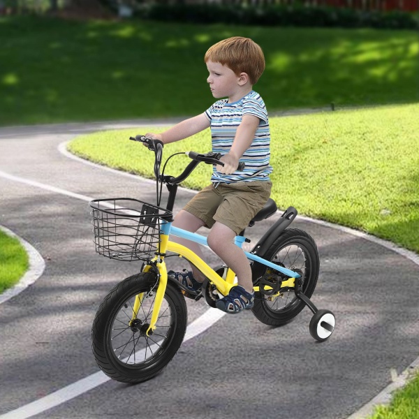 Vélo enfant 14 pouces avec stabilisateurs, frein à main, garde-boue et panier (jaune&bleu) Vélo enfant 14 pouces avec stabilisateurs, frein à main, garde-boue et panier (jaune&bleu)