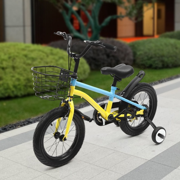 Vélo enfant 14 pouces avec stabilisateurs, frein à main, garde-boue et panier (jaune&bleu) Vélo enfant 14 pouces avec stabilisateurs, frein à main, garde-boue et panier (jaune&bleu)