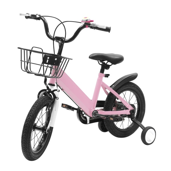 Vélo unisexe pour enfant de 14 pouces avec roue auxiliaire, frein à rétropédalage, roues stabilisatrices, cadeau approprié pour les enfants de 3 à 5 ans (rose)