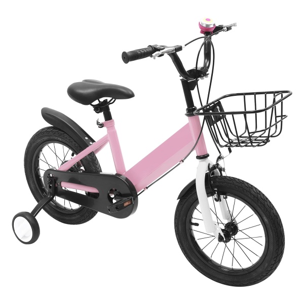 Vélo unisexe pour enfant de 14 pouces avec roue auxiliaire, frein à rétropédalage, roues stabilisatrices, cadeau approprié pour les enfants de 3 à 5 ans (rose)
