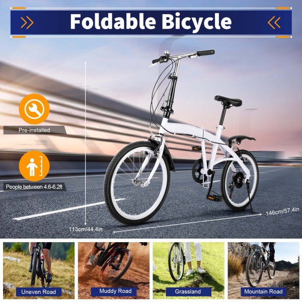 Vélo Pliable 20" en Acier Carbone - Petit vélo Pliable Unisexe - 7 Vitesses - Frein Avant en V et Frein arrière - Vélo de Ville pour Adulte - Blanc