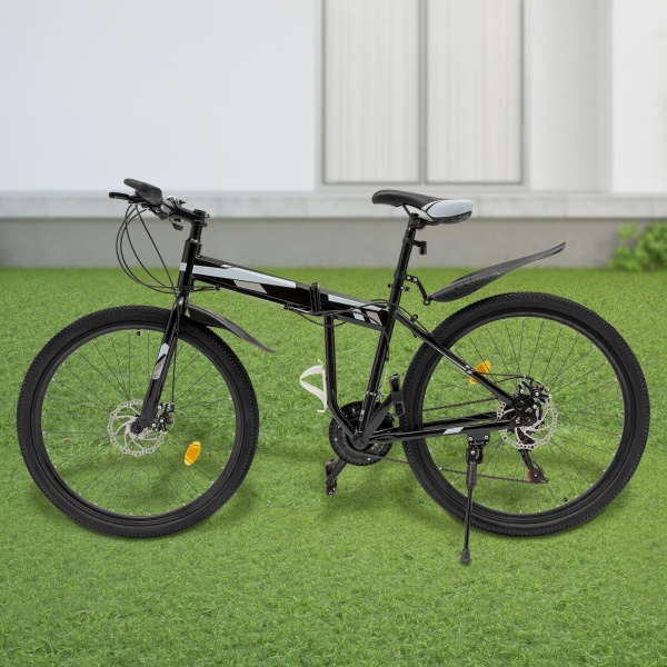 Vélo de montagne pliant 26” à 21 vitesses, frein à disque mécanique VTT en acier à haute teneur en carbone, pour le cyclisme en montagne, sur route, en milieu rural et en milieu urbain (noir & argent)