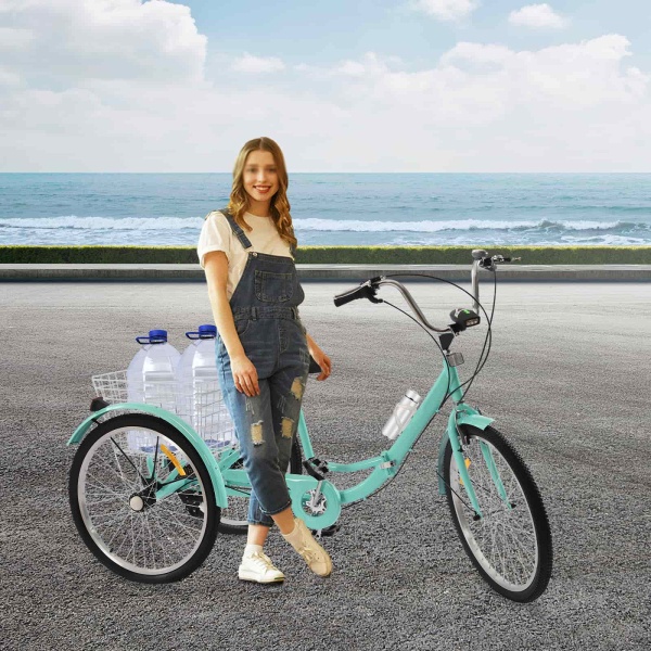 Tricycle pliable de 24 pouces, 7 vitesses, avec lumières LED et panier, 3 roues, hauteur réglable, pour personnes âgées, loisirs
