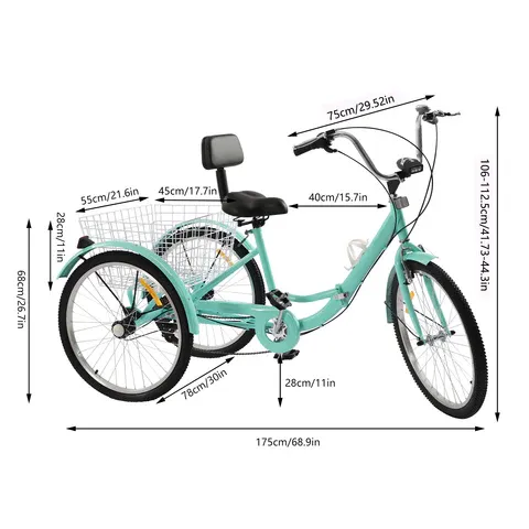 Tricycle pliable de 24 pouces, 7 vitesses, avec lumières LED et panier, 3 roues, hauteur réglable, pour personnes âgées, loisirs