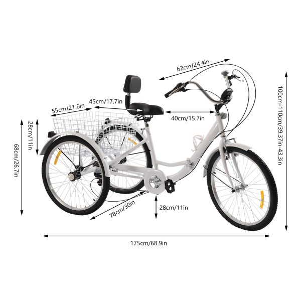 Tricycle pour adulte - 24" - Tricycle pliable - 7 vitesses - Avec porte-gobelet et phare - Tricycle à 3 roues avec panier à provisions