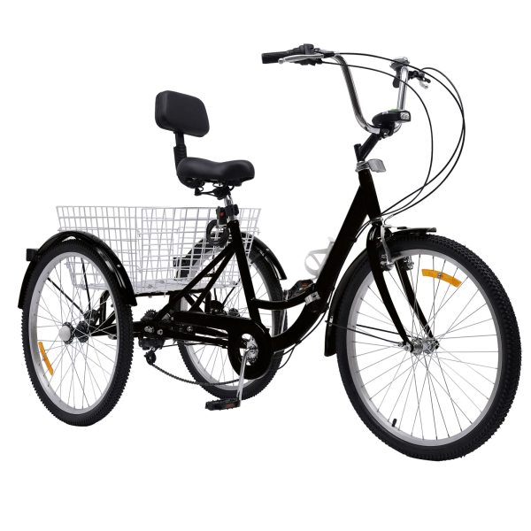 Tricycle pour adulte 24 pouces avec panier et lampe Vélo 3 roues 7 vitesses Tricycle pliable Noir