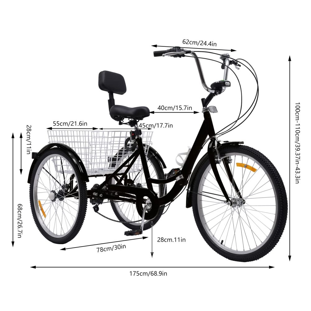 Tricycle pour adulte 24 pouces avec panier et lampe Vélo 3 roues 7 vitesses Tricycle pliable Noir