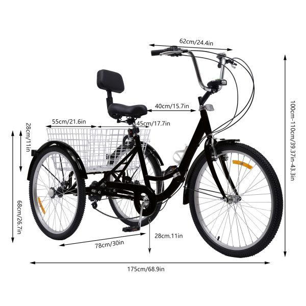 Tricycle pour adulte 24 pouces avec panier et lampe Vélo 3 roues 7 vitesses Tricycle pliable Noir