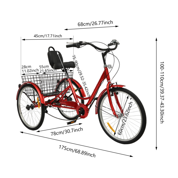 Tricycle adulte 7 vitesses, tricycle adulte 24 pouces, tricycle adulte réglable avec panier - Rouge