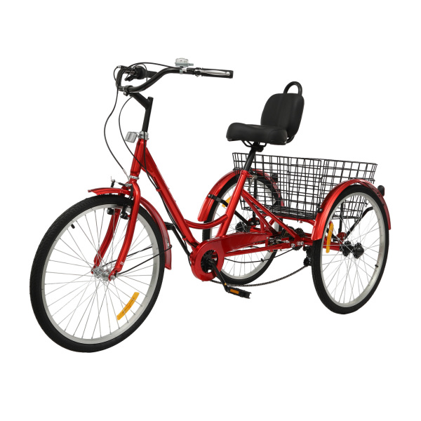 Tricycle adulte 7 vitesses, tricycle adulte 24 pouces, tricycle adulte réglable avec panier - Rouge