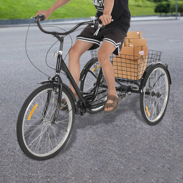 Tricycle adulte 7 vitesses, tricycle adulte 24 pouces, tricycle adulte réglable avec panier - Noir