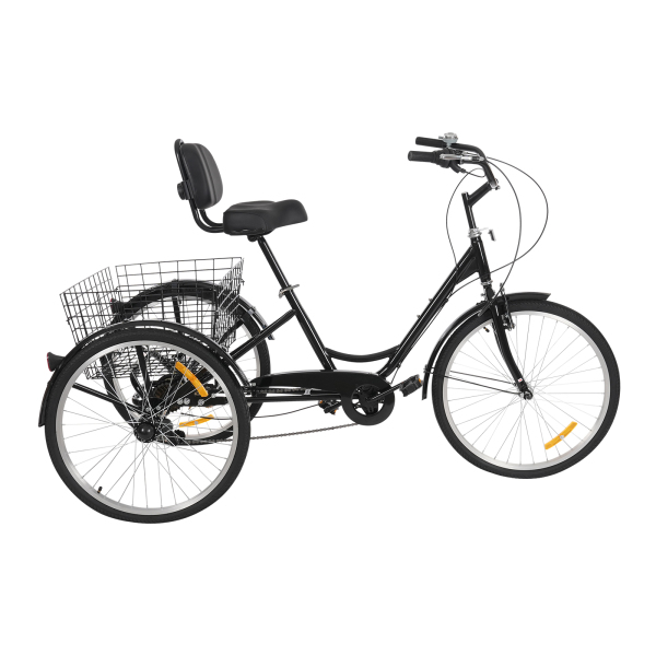 Tricycle adulte 7 vitesses, tricycle adulte 24 pouces, tricycle adulte réglable avec panier - Noir