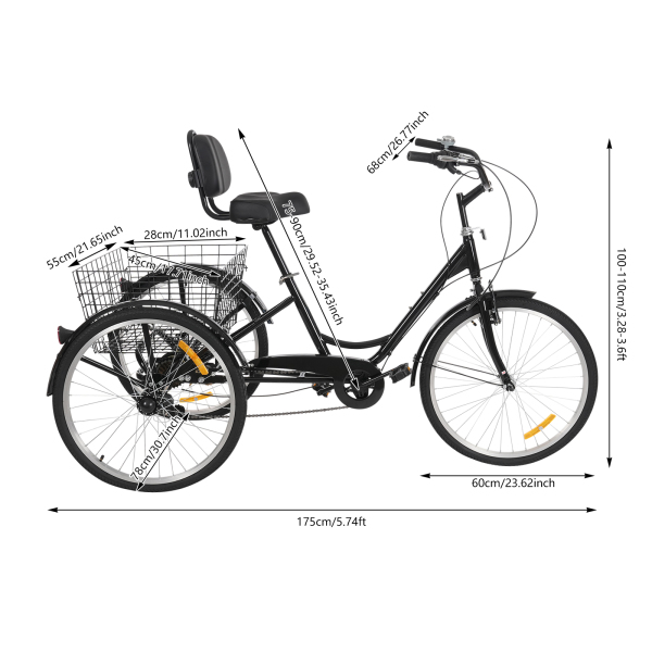 Tricycle adulte 7 vitesses, tricycle adulte 24 pouces, tricycle adulte réglable avec panier - Noir