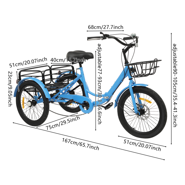 Tricycle pliable pour adultes, tricycle pliable de 20 pouces, vélo à 3 roues à 7 vitesses avec verrouillage - Bleu