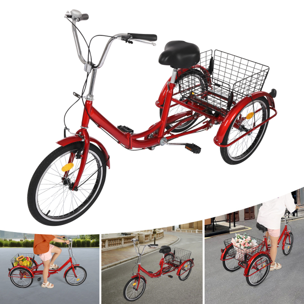 Tricycle pour adulte de 20 pouces résistant à la rouille, vélo à 3 roues avec pneus antidérapants, garde-boue pour villes et plages, rouge