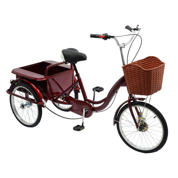 Tricycle adulte avec panier et bac de rangement arrière de 330L, Guidon et siège réglables en hauteur, Idéal pour les courses quotidiennes, les stands de marché et les excursions (rouge vin)