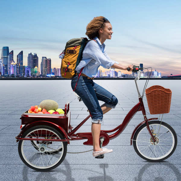 Tricycle adulte avec panier et bac de rangement arrière de 330L, Guidon et siège réglables en hauteur, Idéal pour les courses quotidiennes, les stands de marché et les excursions (rouge vin)