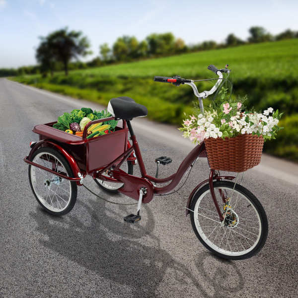 Tricycle adulte avec panier et bac de rangement arrière de 330L, Guidon et siège réglables en hauteur, Idéal pour les courses quotidiennes, les stands de marché et les excursions (rouge vin) Tricycle adulte avec panier et bac de rangement arrière de 330L, Guidon et siège réglables en hauteur, Idéal pour les courses quotidiennes, les stands de marché et les excursions (rouge vin)