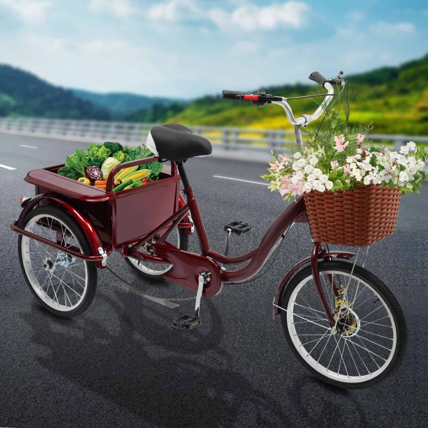Panier de tricycle adulte, tricycle senior avec cabine arrière, tricycle à pédales réglables(rouge)