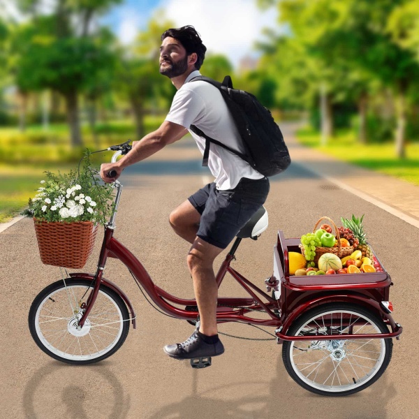 Panier de tricycle adulte, tricycle senior avec cabine arrière, tricycle à pédales réglables(rouge) Panier de tricycle adulte, tricycle senior avec cabine arrière, tricycle à pédales réglables(rouge)