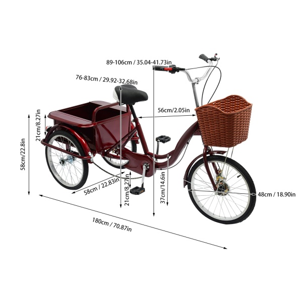 Panier de tricycle adulte, tricycle senior avec cabine arrière, tricycle à pédales réglables(rouge) Panier de tricycle adulte, tricycle senior avec cabine arrière, tricycle à pédales réglables(rouge)