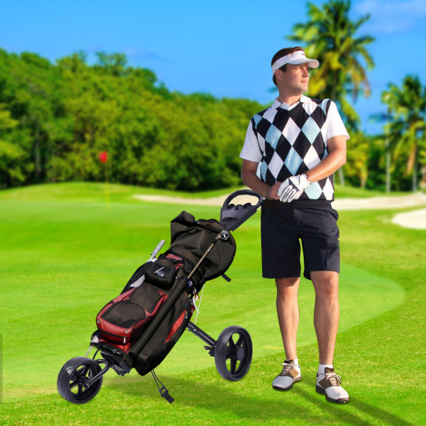 Chariot de golf pliable à 3 roues avec frein à pied, ouverture et fermeture en une seconde, porte-gobelet gratuit inclus