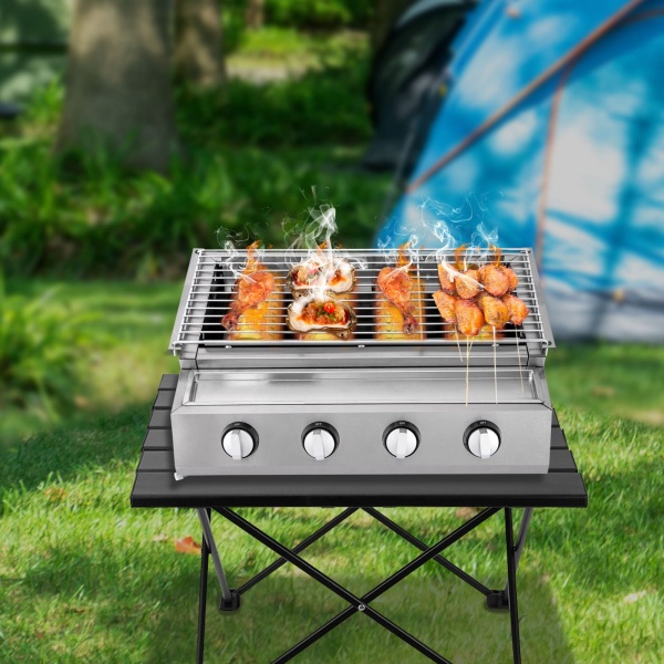 Barbecue à gaz, 4 feux, GPL, gaz, table, barbecue, jardin,table à steak en acier inoxydable 2800 Pa