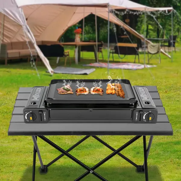 Cuisinière à gaz barbecue à Double tête avec gril, réchaud de Camping Portable, réchaud de Camping à 2 brûleurs, 64*27.8*8 cm