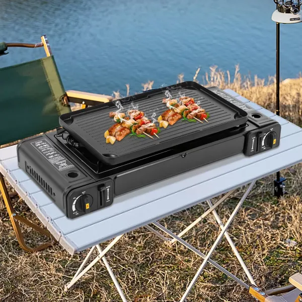 Cuisinière à gaz barbecue à Double tête avec gril, réchaud de Camping Portable, réchaud de Camping à 2 brûleurs, 64*27.8*8 cm Cuisinière à gaz barbecue à Double tête avec gril, réchaud de Camping Portable, réchaud de Camping à 2 brûleurs, 64*27.8*8 cm