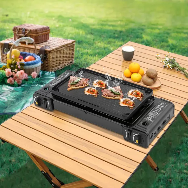 Cuisinière à gaz barbecue à Double tête avec gril, réchaud de Camping Portable, réchaud de Camping à 2 brûleurs, 64*27.8*8 cm