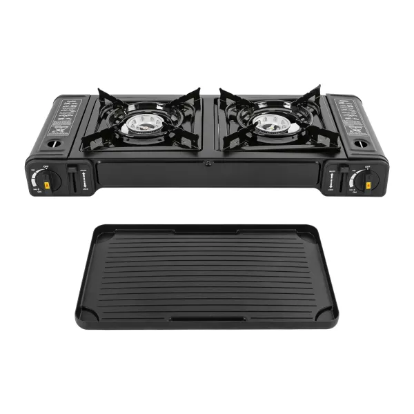 Cuisinière à gaz barbecue à Double tête avec gril, réchaud de Camping Portable, réchaud de Camping à 2 brûleurs, 64*27.8*8 cm