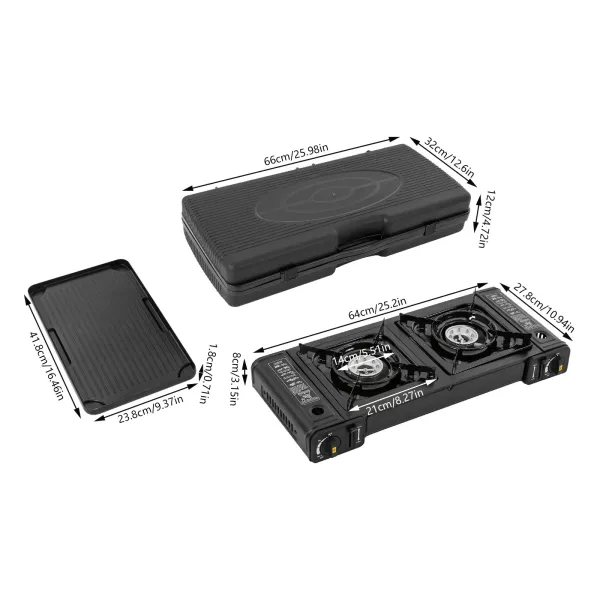 Cuisinière à gaz barbecue à Double tête avec gril, réchaud de Camping Portable, réchaud de Camping à 2 brûleurs, 64*27.8*8 cm