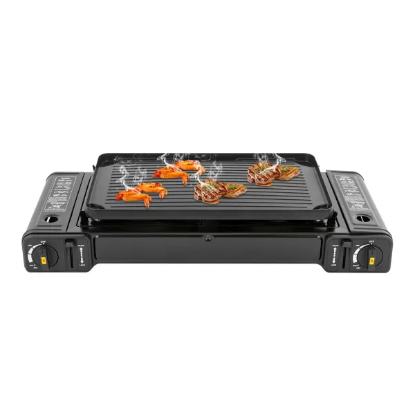 Cuisinière à gaz barbecue à Double tête avec gril, réchaud de Camping Portable, réchaud de Camping à 2 brûleurs, 64*27.8*8 cm