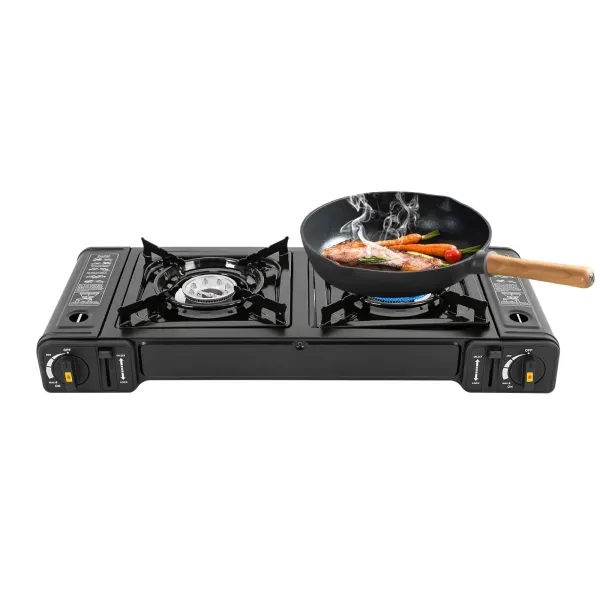 Cuisinière à gaz barbecue à Double tête avec gril, réchaud de Camping Portable, réchaud de Camping à 2 brûleurs, 64*27.8*8 cm