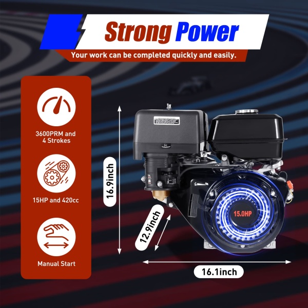 Moteur à essence 15 CV 9,7 kW - Moteur sur pied - Moteur industriel à 4 temps OHV - Moteur monocylindre - Moteur de démarrage léger - 420 cc
