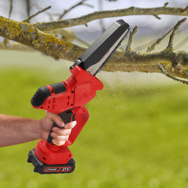Tronçonneuse portative électrique compacte à une main, alimentée par batterie rechargeable, pour la taille des arbres et l'élagage des branches, coupe du bois Tronçonneuse portative électrique compacte à une main, alimentée par batterie rechargeable, pour la taille des arbres et l'élagage des branches, coupe du bois