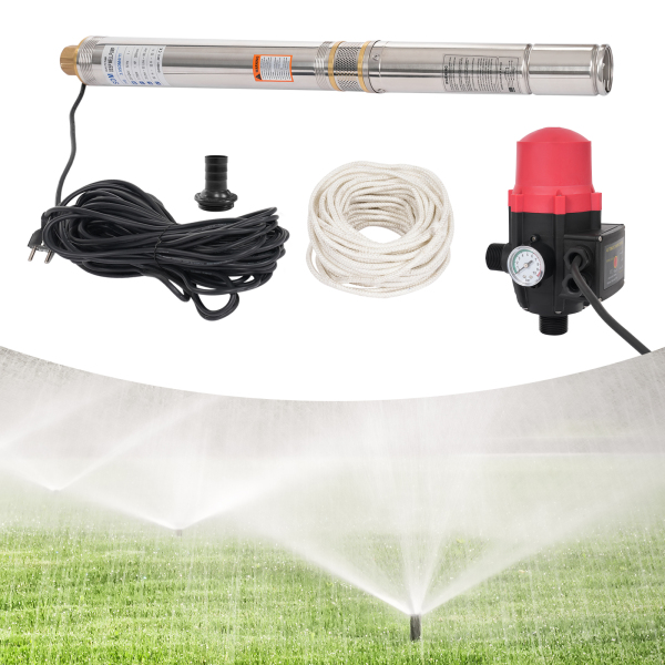 Pompe de puits de 8.8cm 750W 6300L/H 50 Hz Cordon d'alimentation 20m Euro plug avec pressostat + 20m de corde