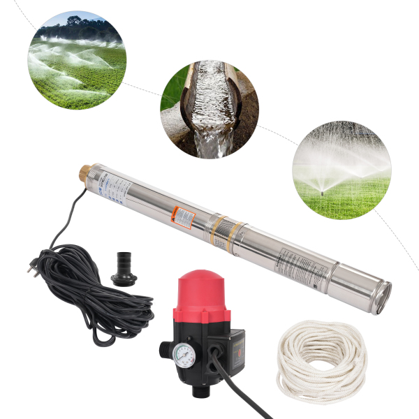 Pompe de puits de 8.8cm 750W 6300L/H 50 Hz Cordon d'alimentation 20m Euro plug avec pressostat + 20m de corde