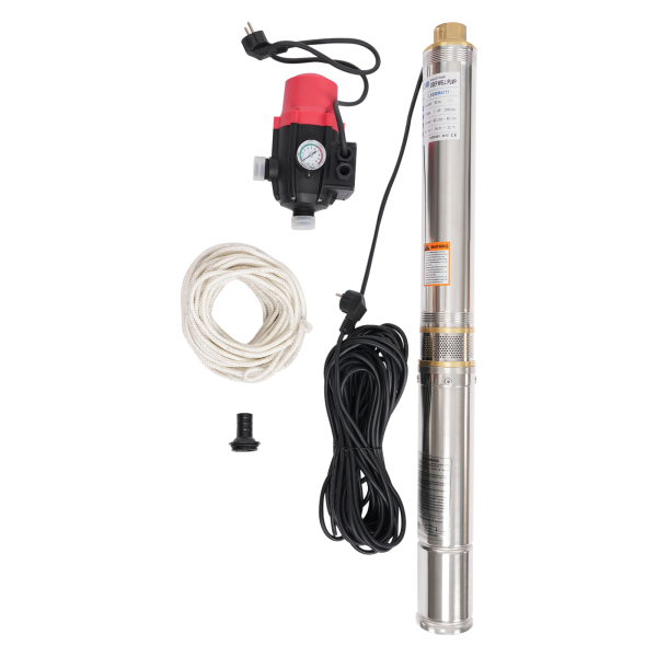Pompe de puits de 8.8cm 750W 6300L/H 50 Hz Cordon d'alimentation 20m Euro plug avec pressostat + 20m de corde