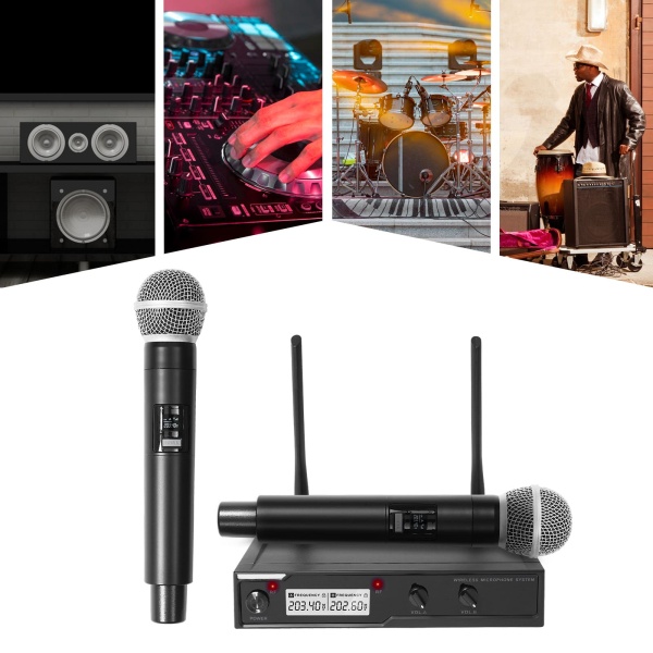 Système de microphone sans fil VHF, ensemble de microphones sans fil, double microphone à main, adapté au karaoké, aux mariages, aux réunions et aux conférences.