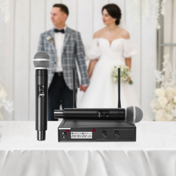 Système de microphone sans fil VHF, ensemble de microphones sans fil, double microphone à main, adapté au karaoké, aux mariages, aux réunions et aux conférences.