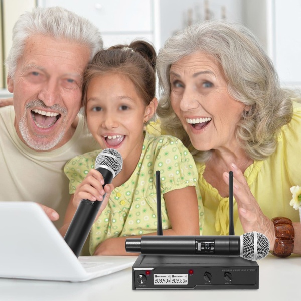 Système de microphone sans fil VHF, ensemble de microphones sans fil, double microphone à main, adapté au karaoké, aux mariages, aux réunions et aux conférences.